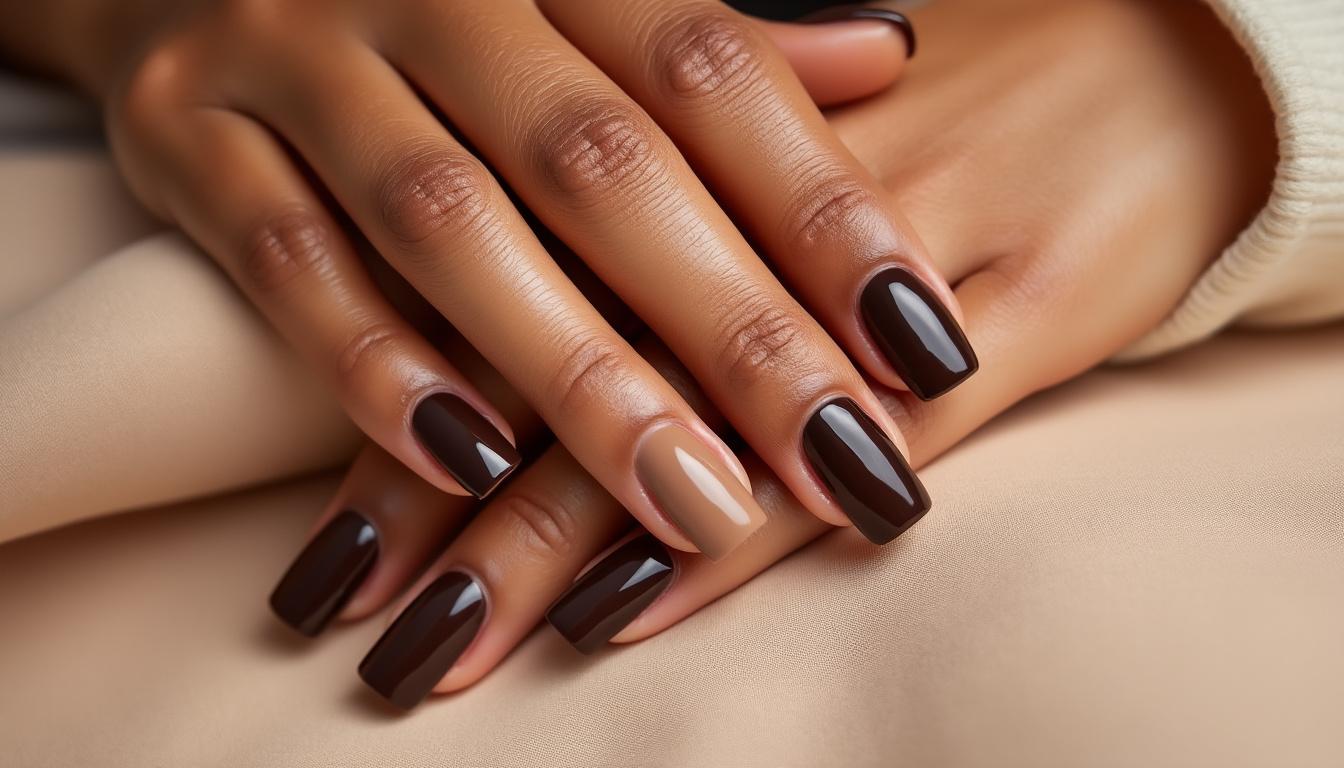 unhas na tonalidade chocolate: uma elegância doce e sofisticada para realçar a beleza das suas mãos com estilo e charme.