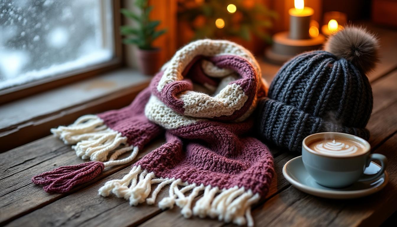 conjunto elegante de gorro e cachecol tecidos à mão, perfeitos para manter você aquecido e estiloso durante o inverno.