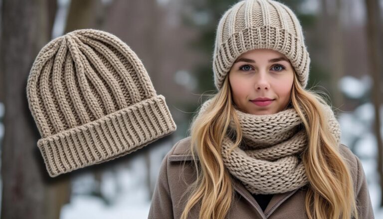 conjunto elegante de inverno: gorro e cachecol tecidos à mão, combinando estilo e conforto para os dias frios.