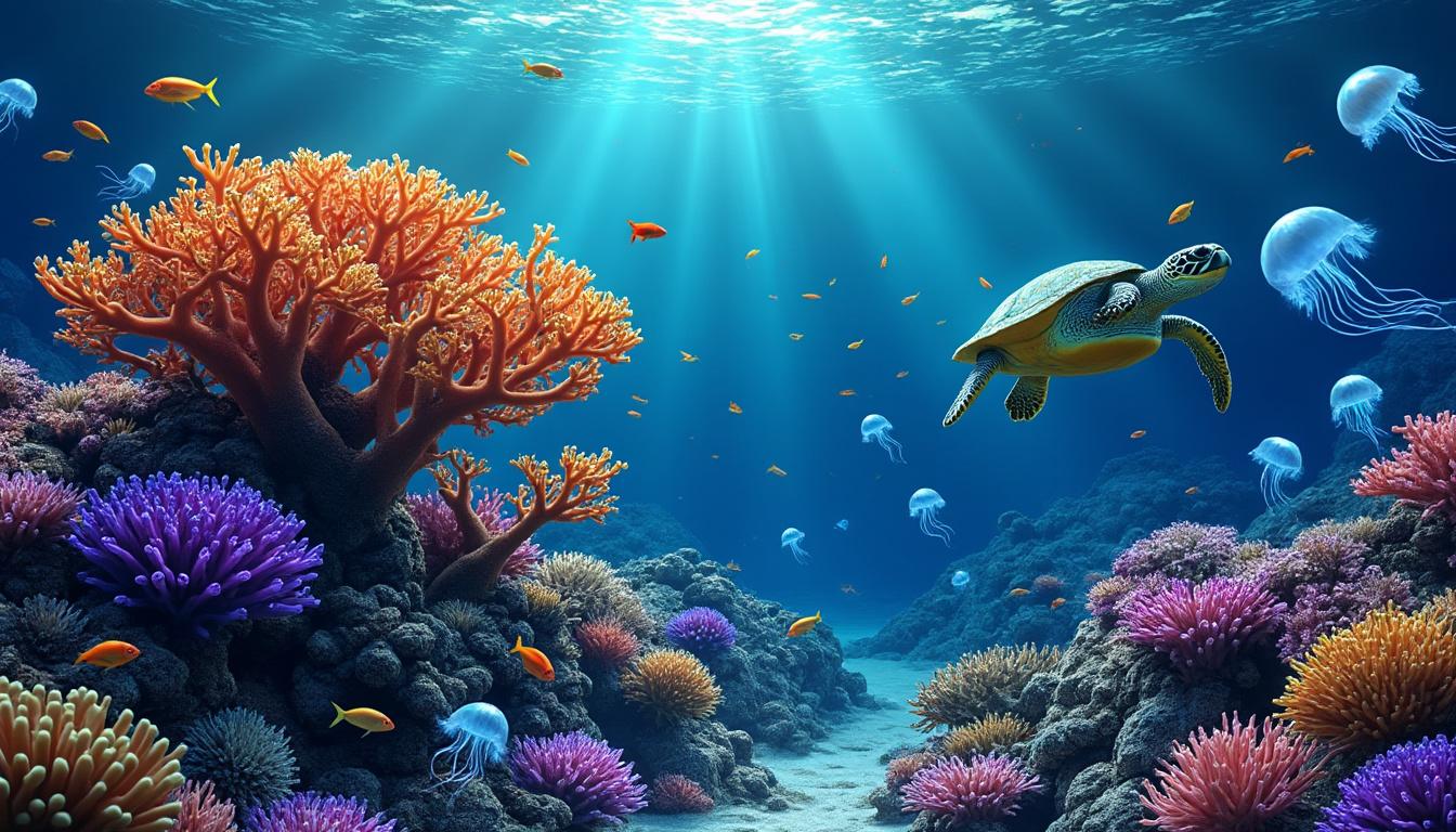 explore uma ilustração detalhada do oceano que oferece um mergulho artístico nas profundezas marinhas, revelando a beleza e a diversidade da vida submarina.