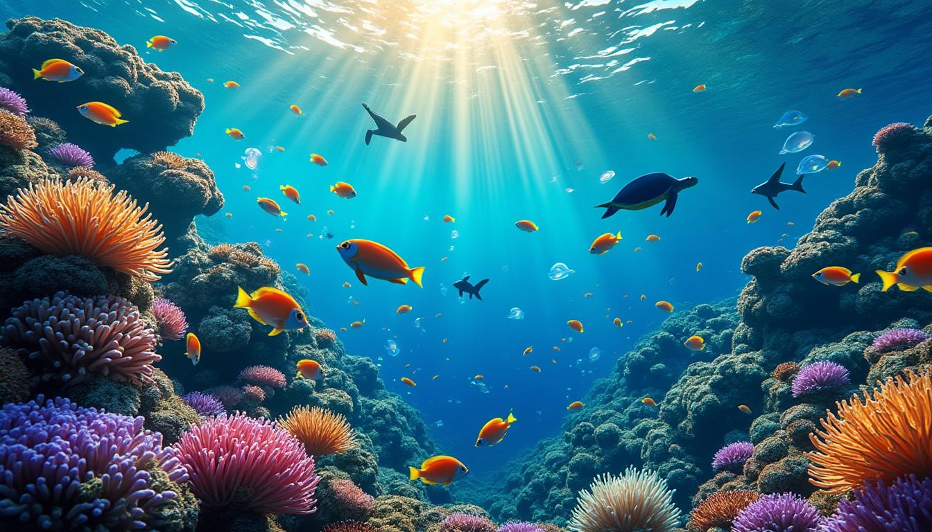 explore uma ilustração detalhada do oceano que oferece um mergulho artístico nas profundezas marinhas, revelando a beleza e a diversidade da vida submarina.