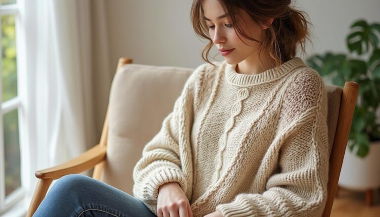 suéter de malha feito à mão com duas agulhas, especialmente para mulheres que buscam conforto e estilo únicos.